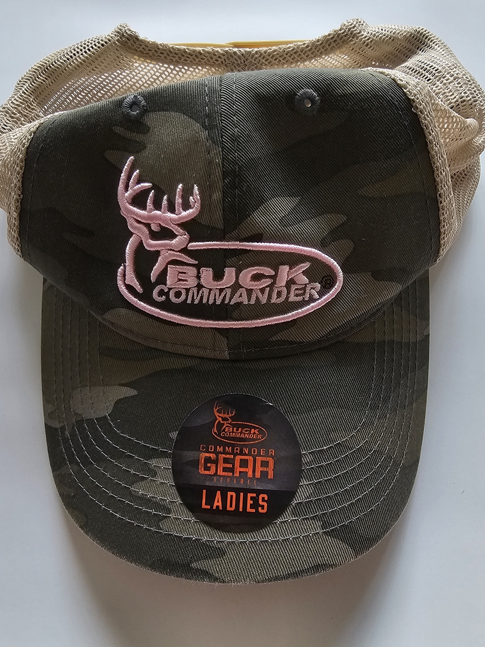 Ladies Camo Trucker Hat with Pink Logo